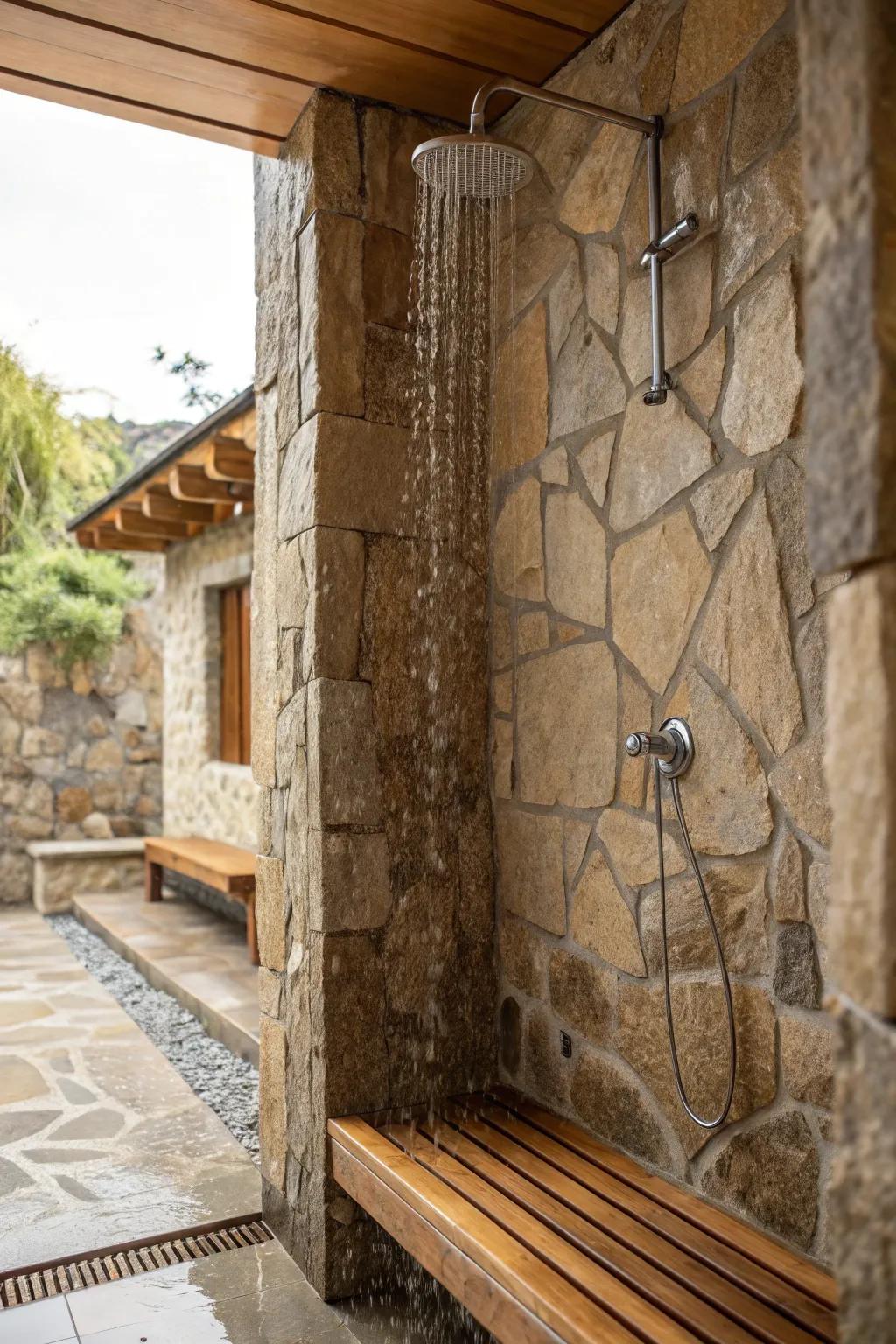 A shower showcasing natural stone walls and accents of wood.