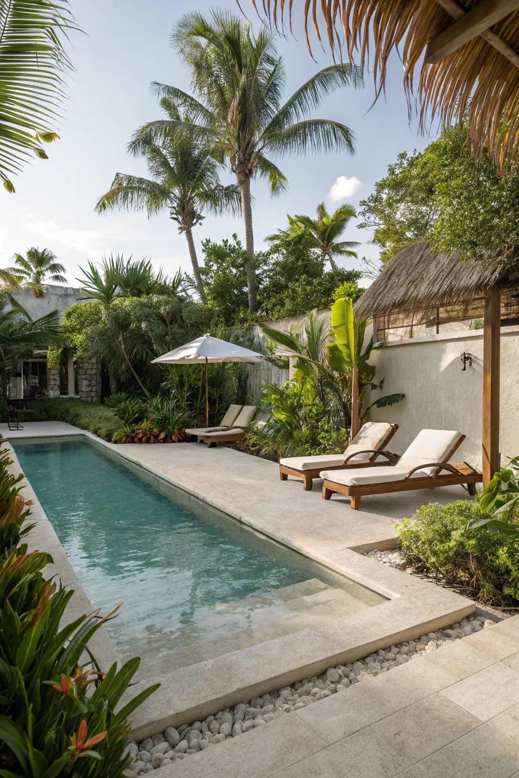 A beach entry offers a smooth transition from the poolside to water, fostering relaxation.