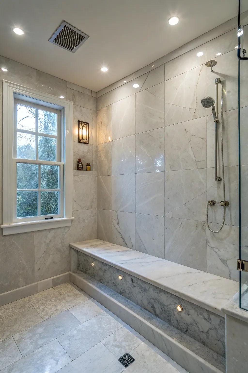 A seamless marble bench becomes part of the shower wall, offering both a luxurious look and practical seating.