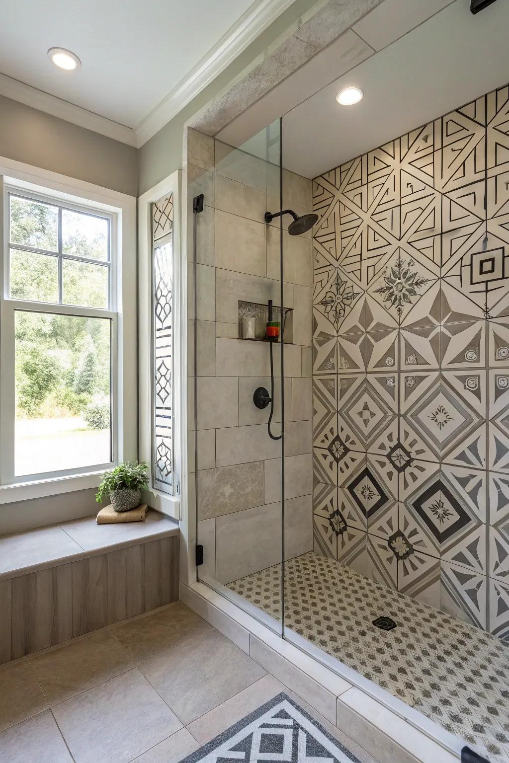 Geometric tiles bring a current and composed aesthetic to your shower space.