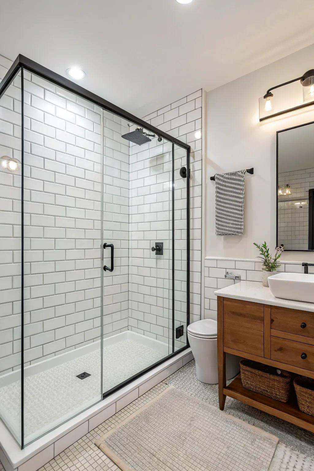 A minimalist bathroom showcasing an edge-free glass walk-in shower for a seamless appearance.