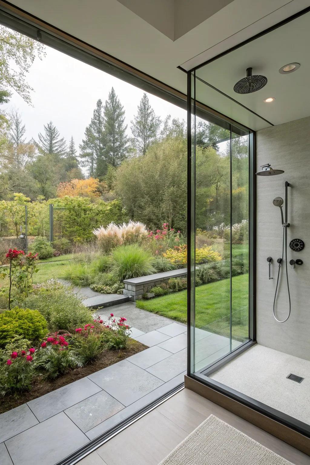A walk-in shower featuring a large view window, effortlessly uniting indoor and outdoor elements.