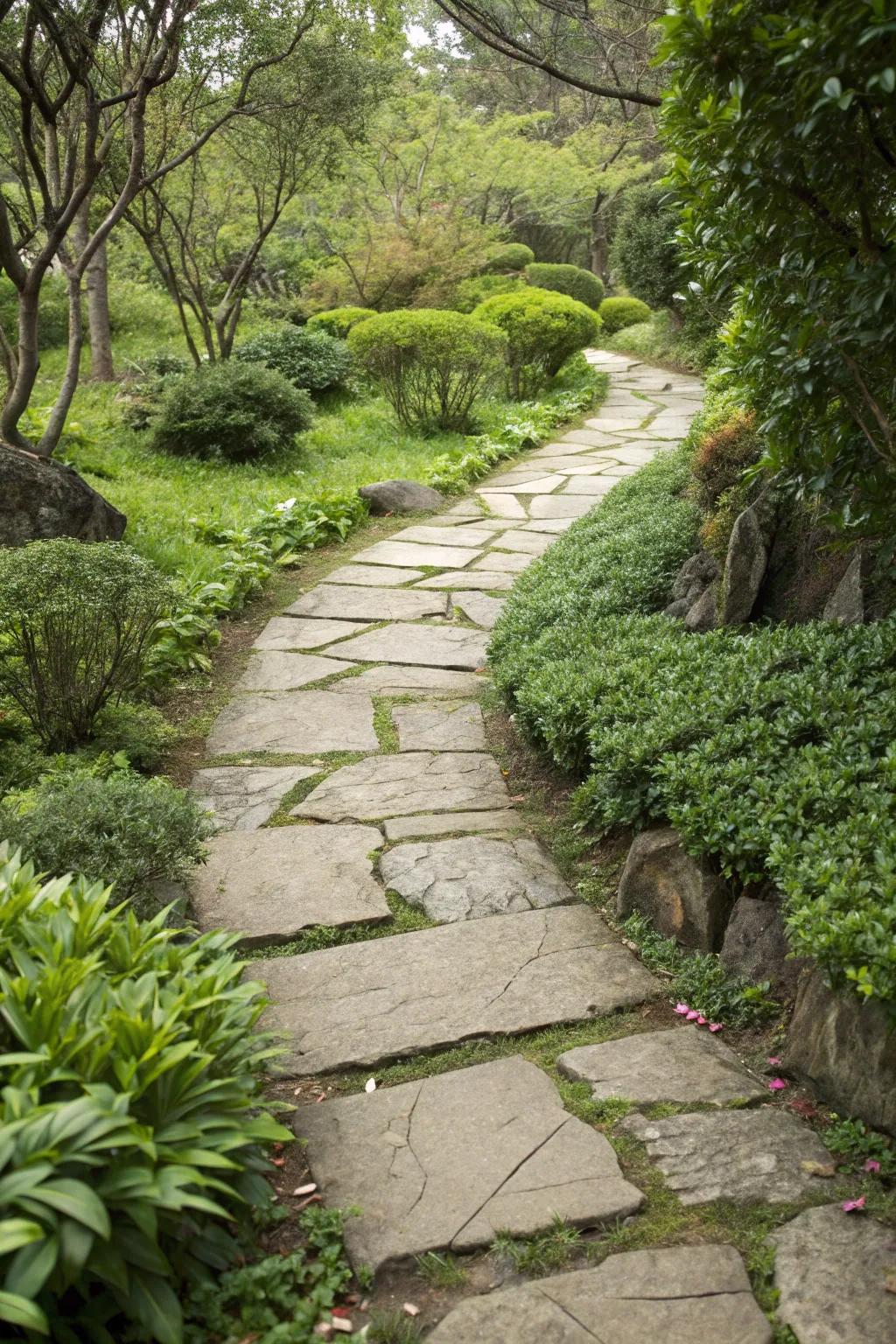 A stone tile walkway introduces refined beauty to any garden setting.