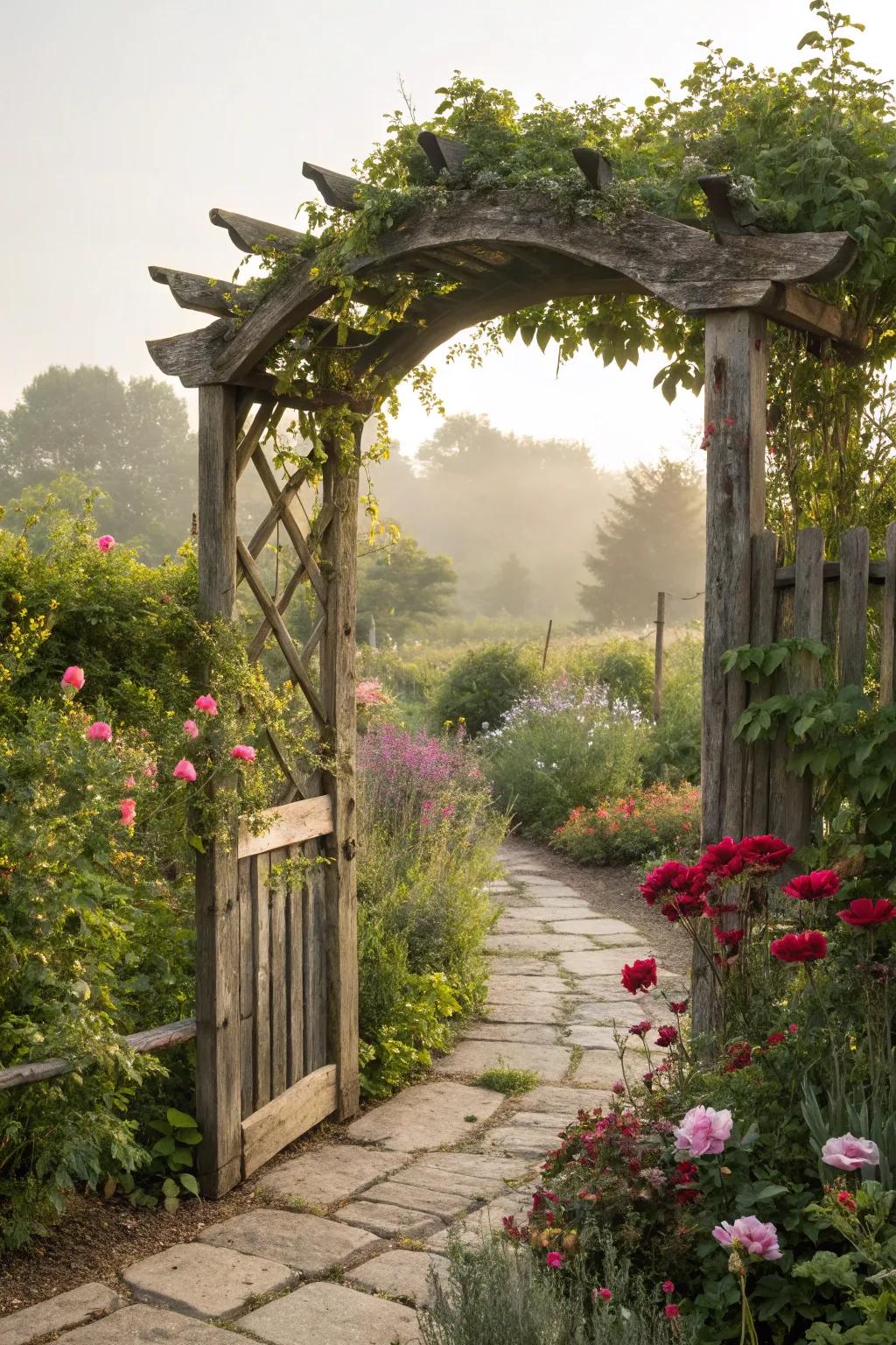A rustic wood archway lends enduring appeal to every garden walkway.