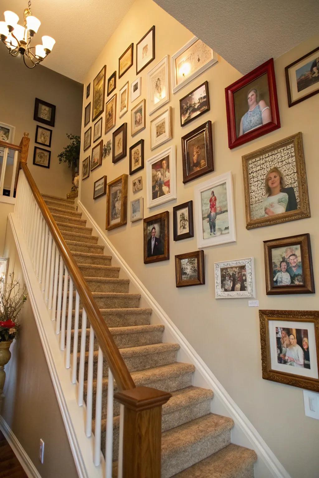 A gallery wall thoughtfully placed above the stairs enriches your home with a personal narrative.