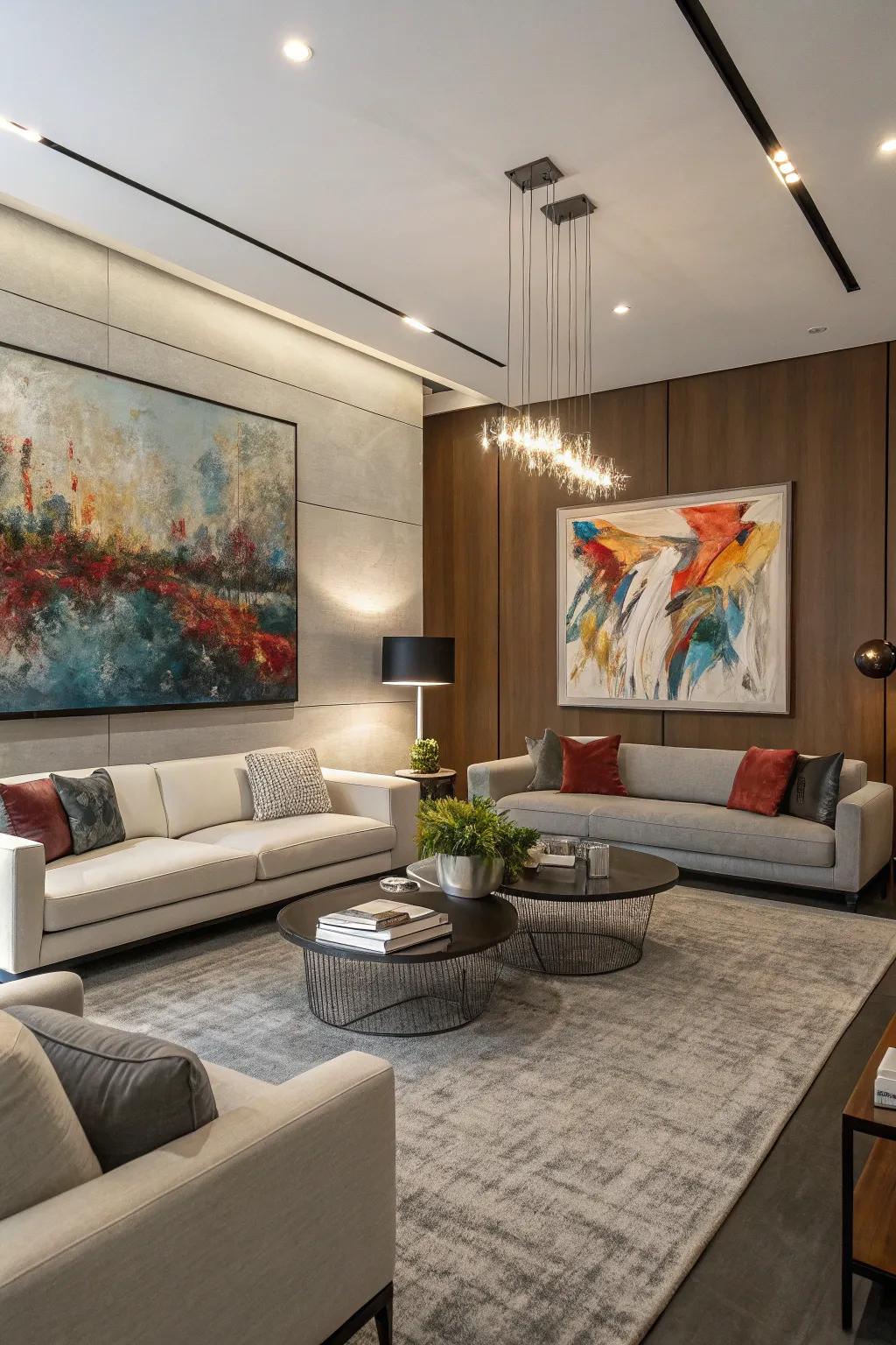 A modern living area showcasing a large abstract painting as its central feature.