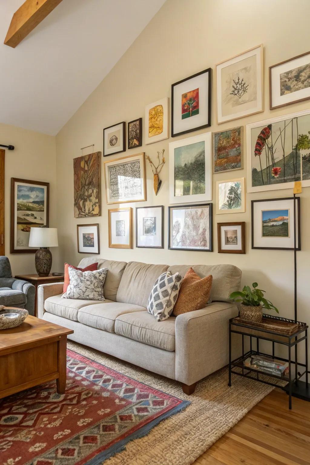 An elegant gallery wall featuring an assortment of art and frames.