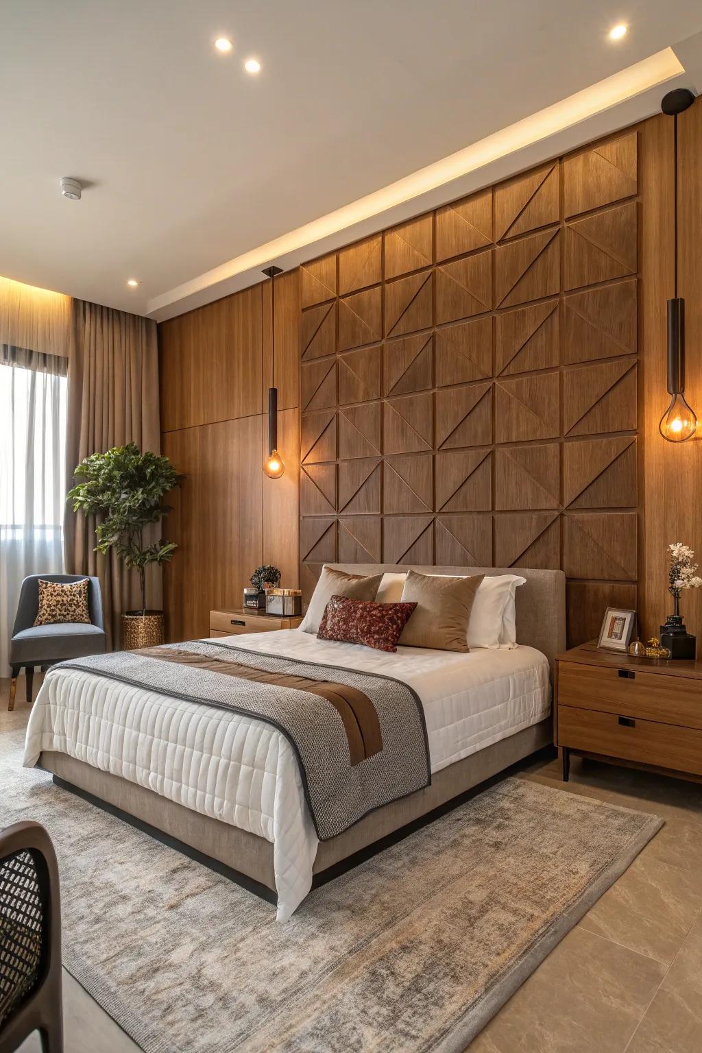 Comforting wooden panels give off a textured vibe beyond the bed.
