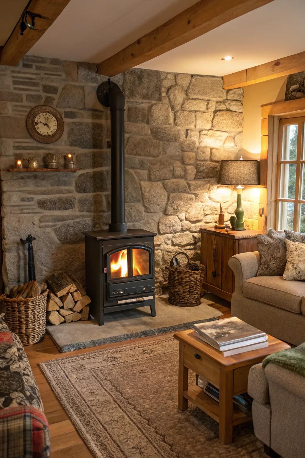 Stone walls contribute rustic charm while offering heat protection.