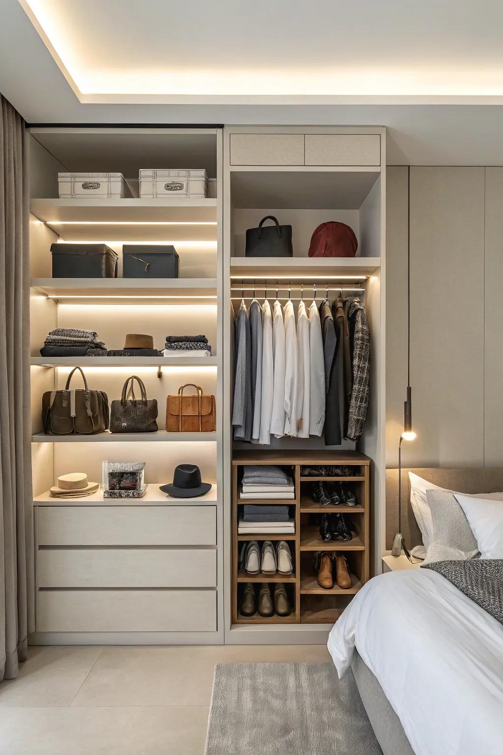 Open shelving in a wall closet provides easy access and a way to keep things organized.