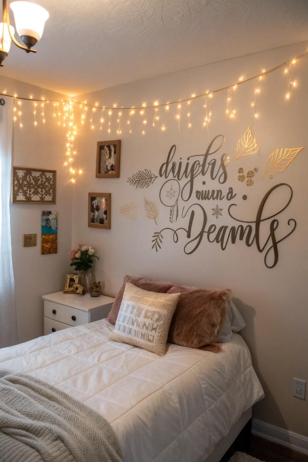 Bedroom wall enhanced with sophisticated quote appliqués, setting a positive tone for the day.