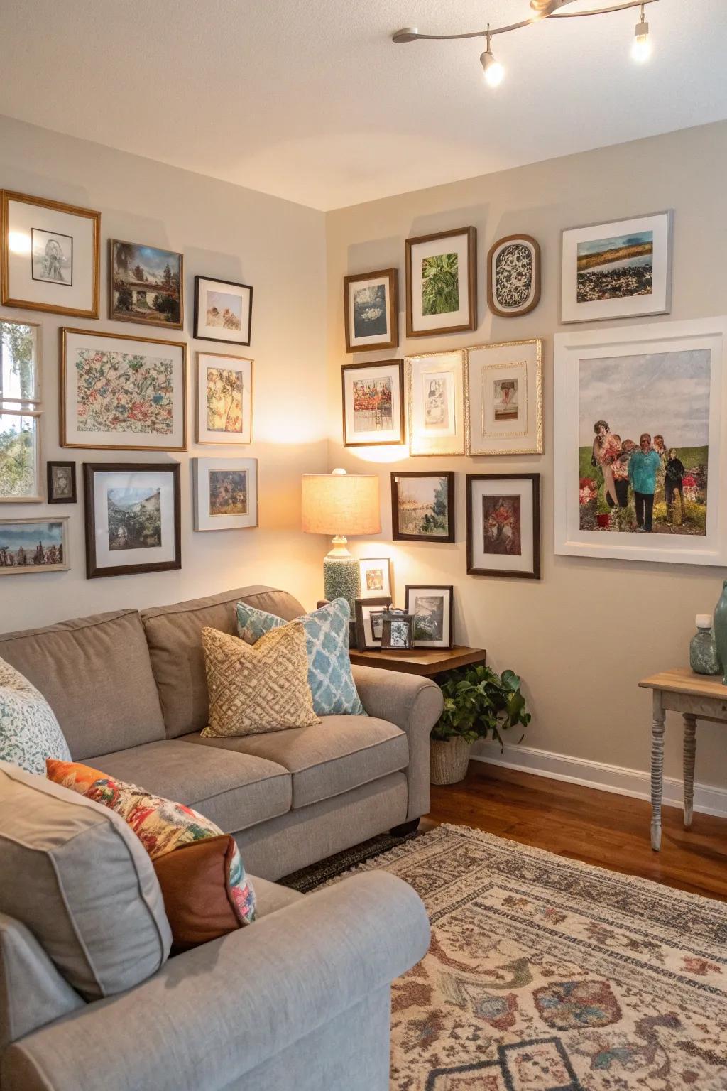 A vibrant gallery wall introduces character and allure.