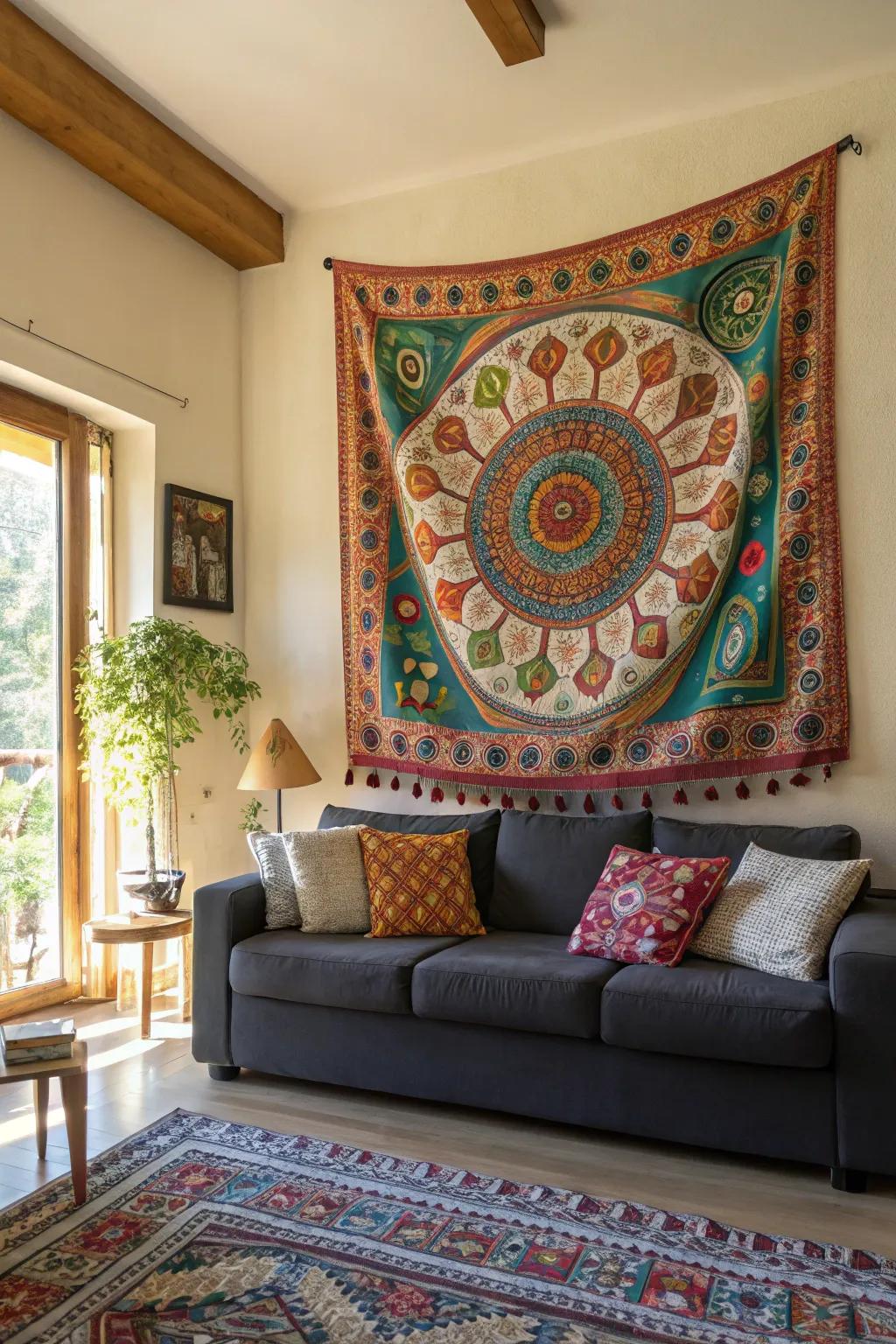 A tapestry makes a superb focal point in a living room.