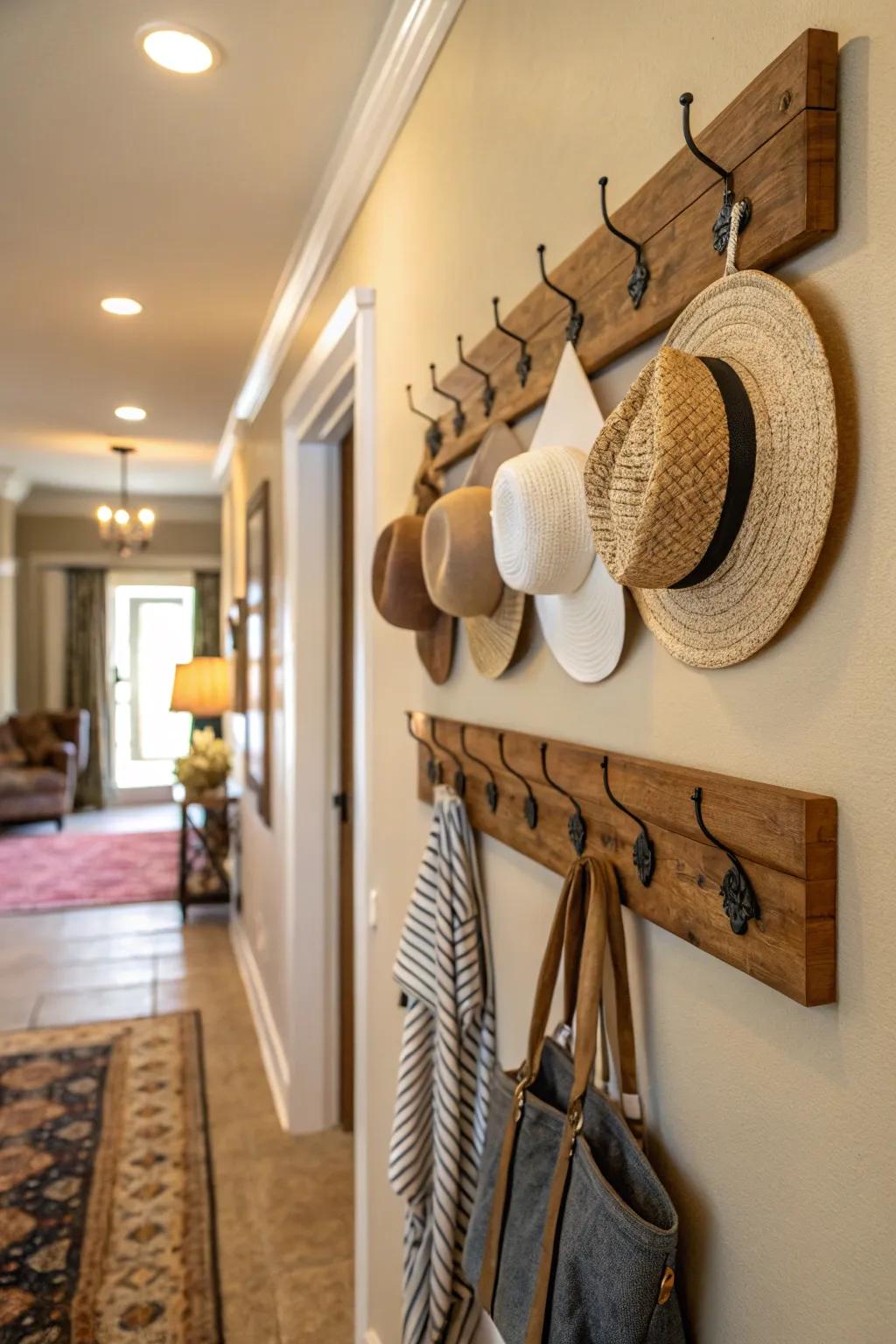 A welcoming entryway featuring a timber knob rail displaying hats vertically