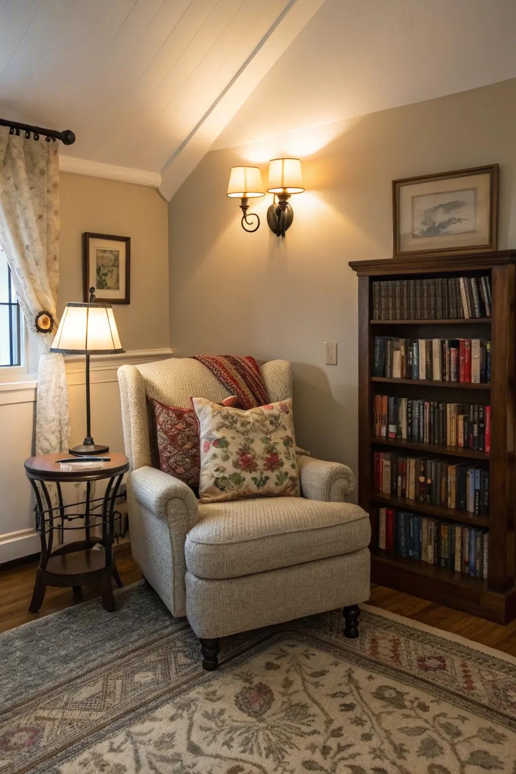 Establish a cozy reading corner with the gentle glow of wall lights.