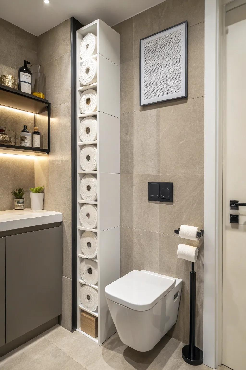 Boost your bathroom's look with upward toilet paper storage.
