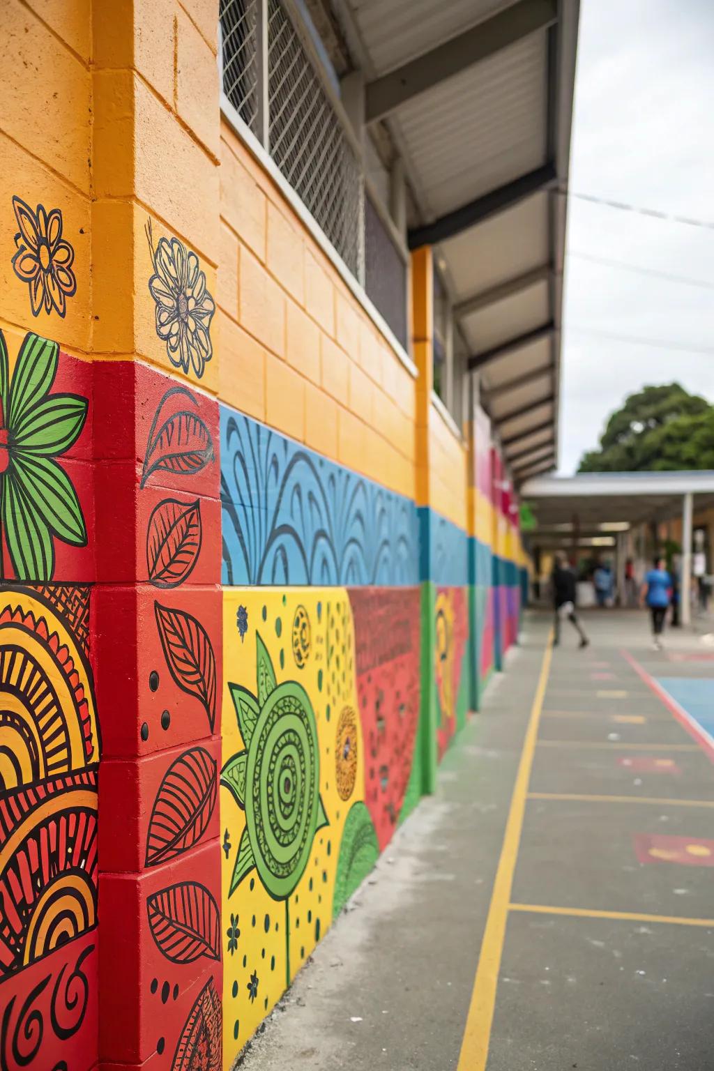 A school wall brought to life with lively colors and patterns