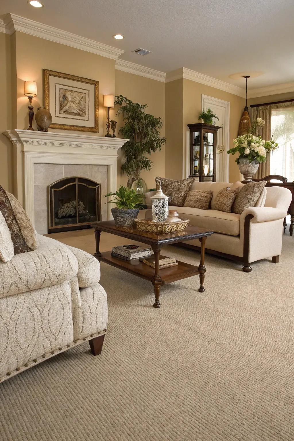 Neutral carpets establish a tranquil and unified atmosphere.