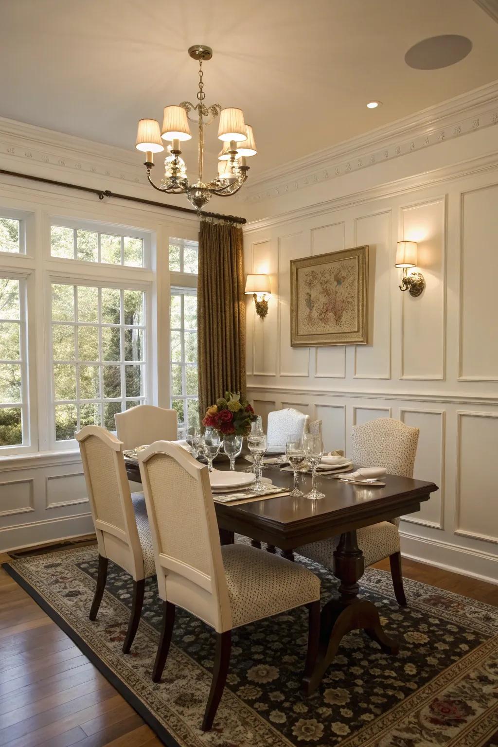 Elegant wainscoting brings an air of sophistication to this dining area.