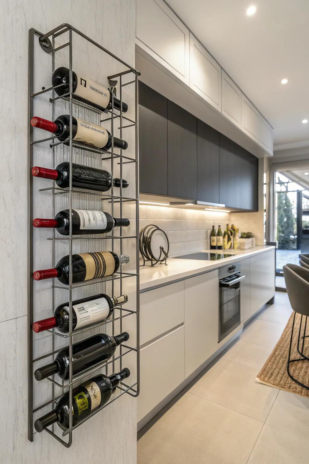 Metallic wine organizers contribute a refined touch to modern cooking spaces.