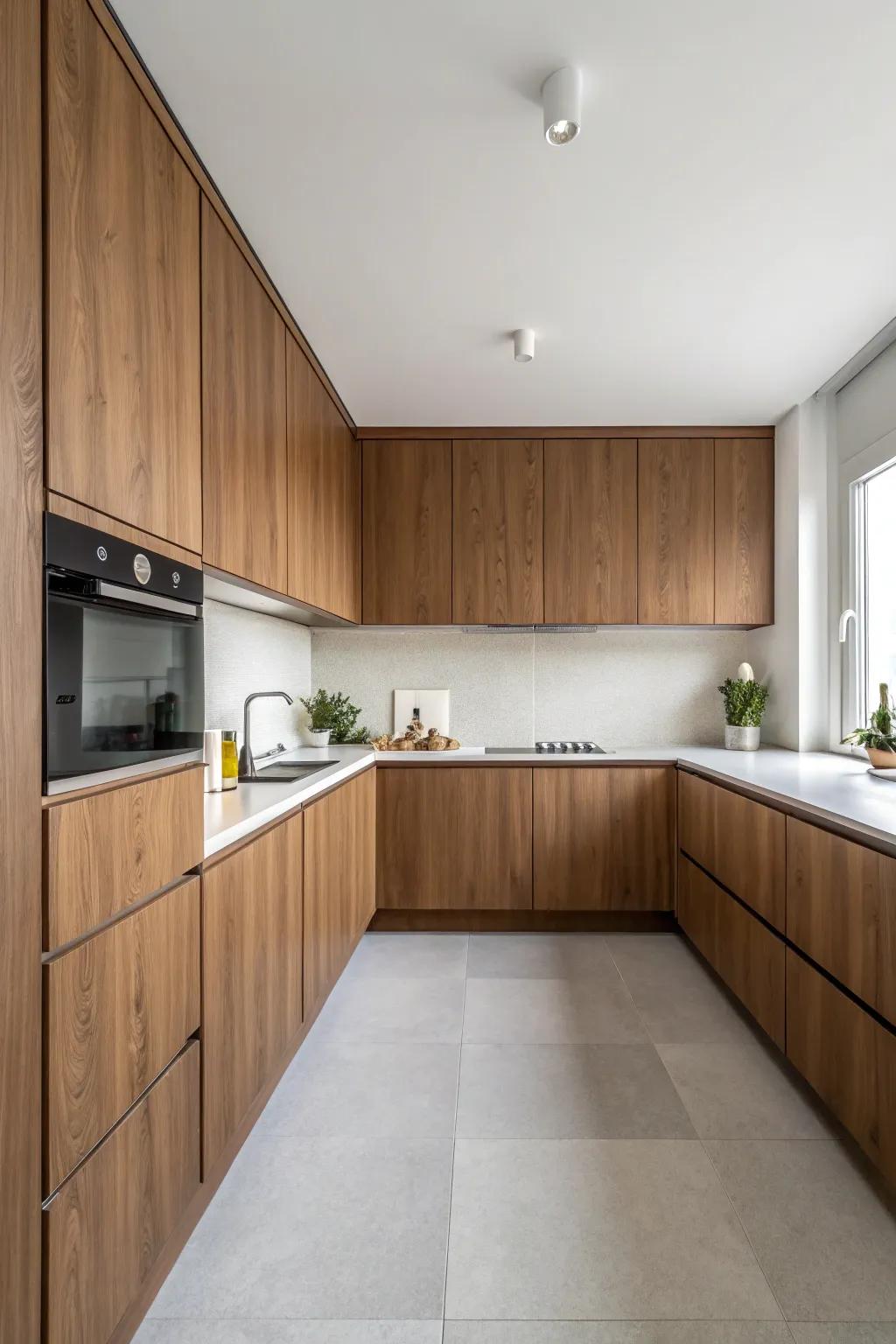 Minimalist walnut cabinets bring a streamlined and uncluttered aesthetic.