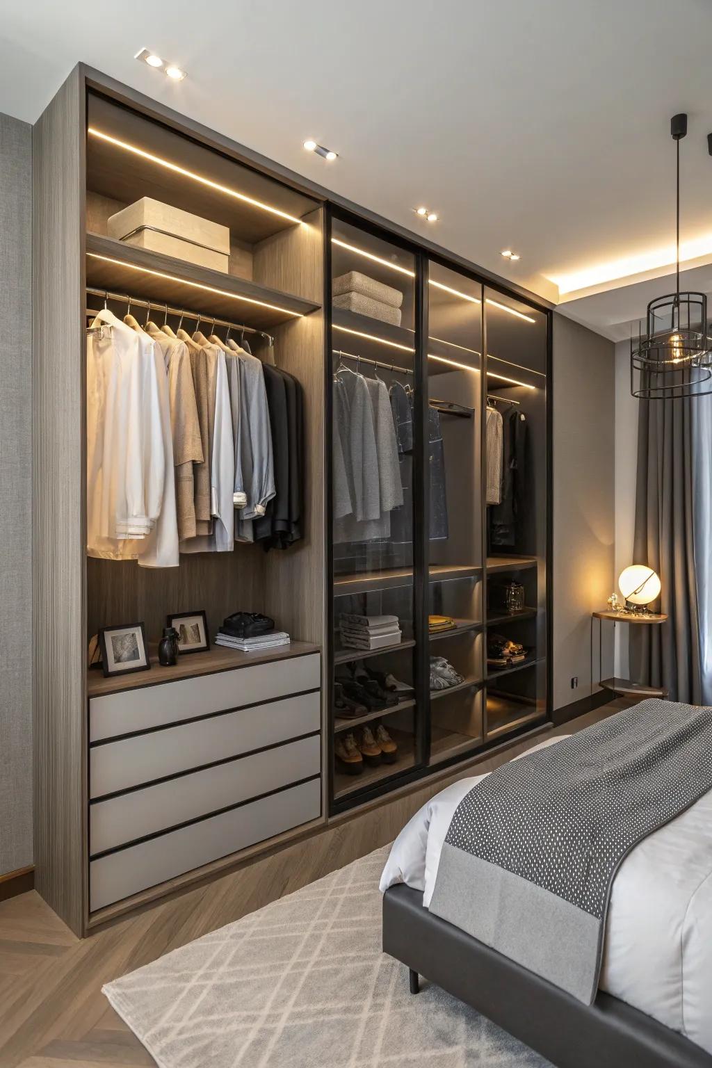 Exposed shelving combined with suspension bars offers both approachability and flair.