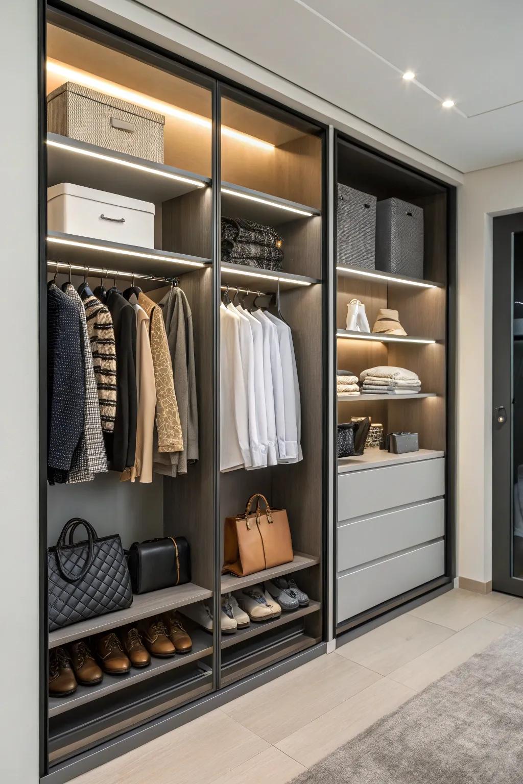 A closet featuring open shelves, facilitating ease of access and display.