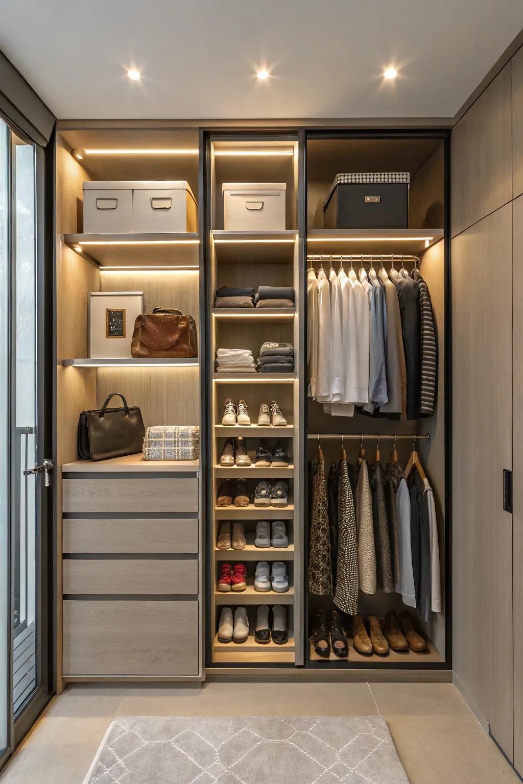 Versatile repositionable shelves for a dynamic wardrobe design.