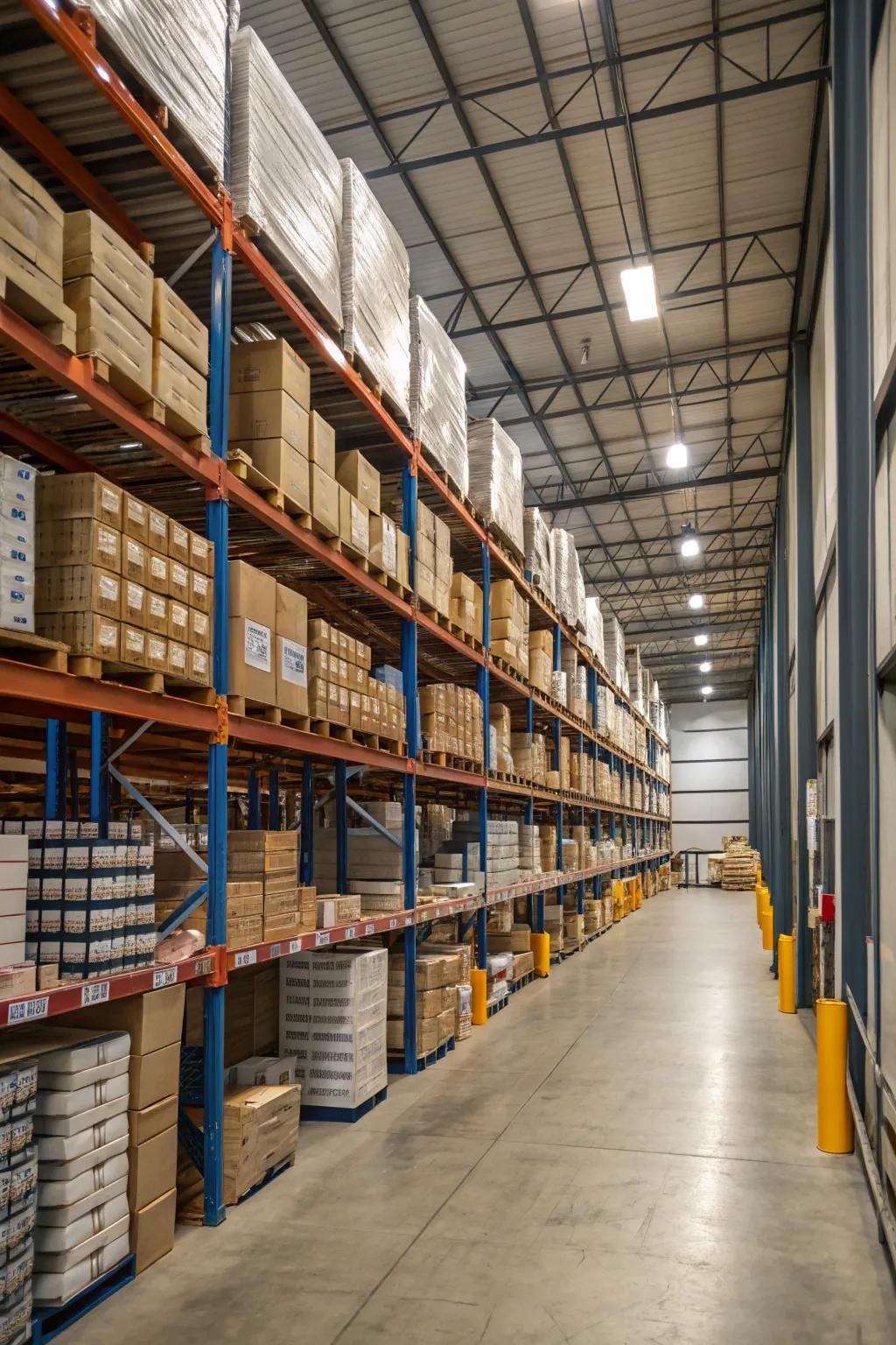 Elevated shelving solutions effectively exploit vertical space within a warehouse setting.