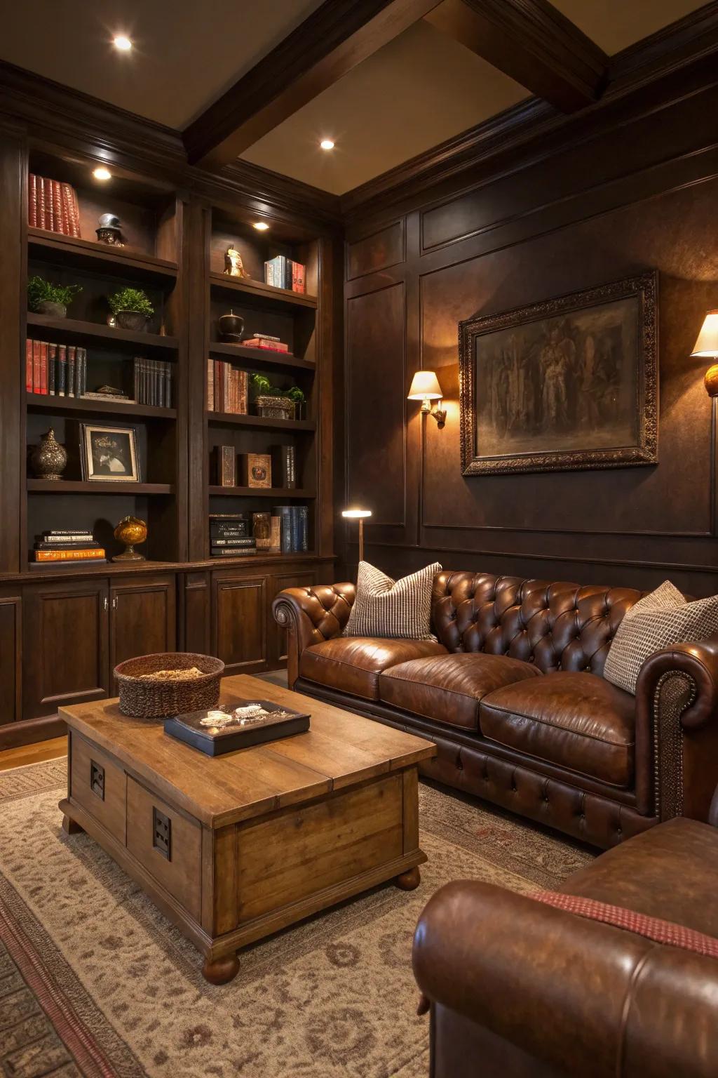 Earthy tones introduce depth and warmth, perfect for a masculine living room.
