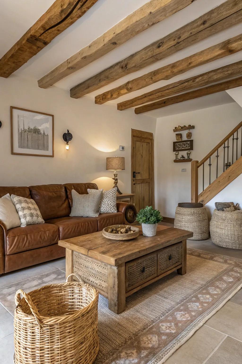 Uncovered wooden support beams create a country feel in a modern room.