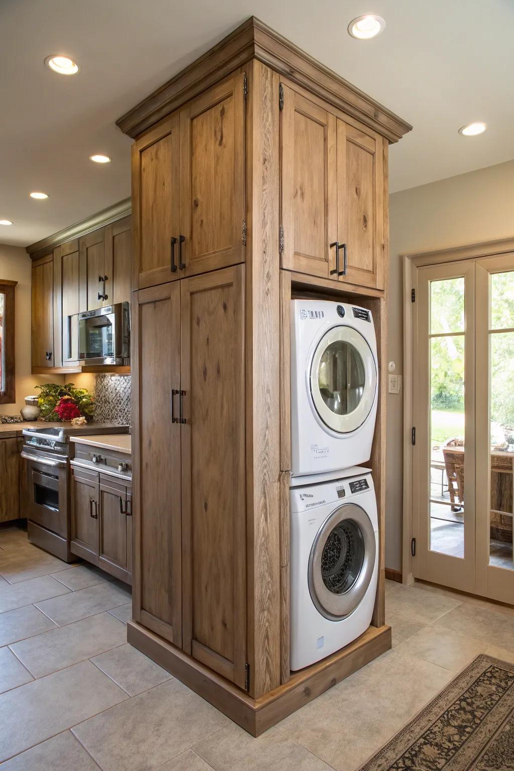 A disguised clothes cleaning system concealed by cabinet doors creates the illusion of a pantry.