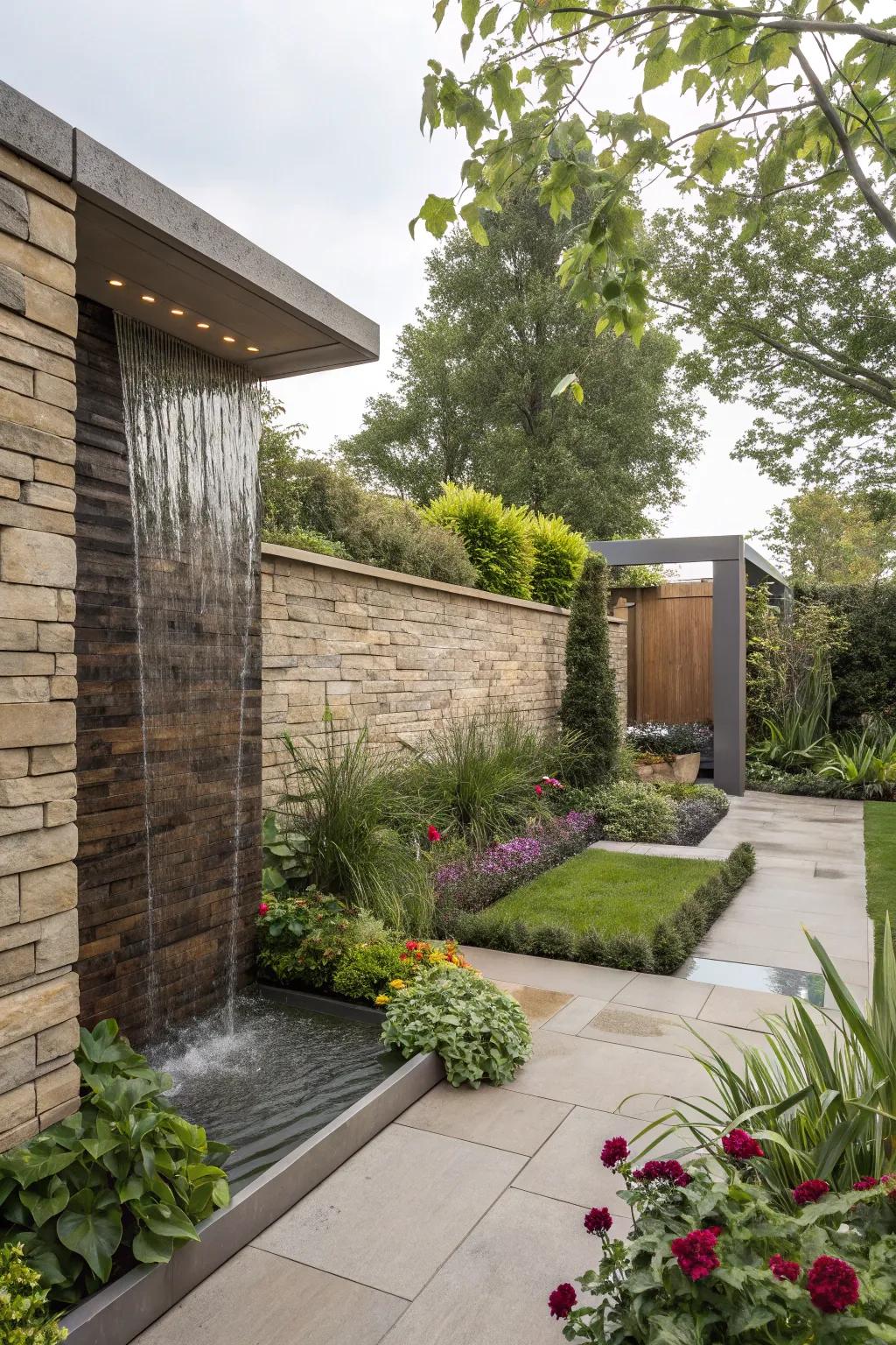 Modern fountain walls introduce a stylish and serene vertical water element to your garden.