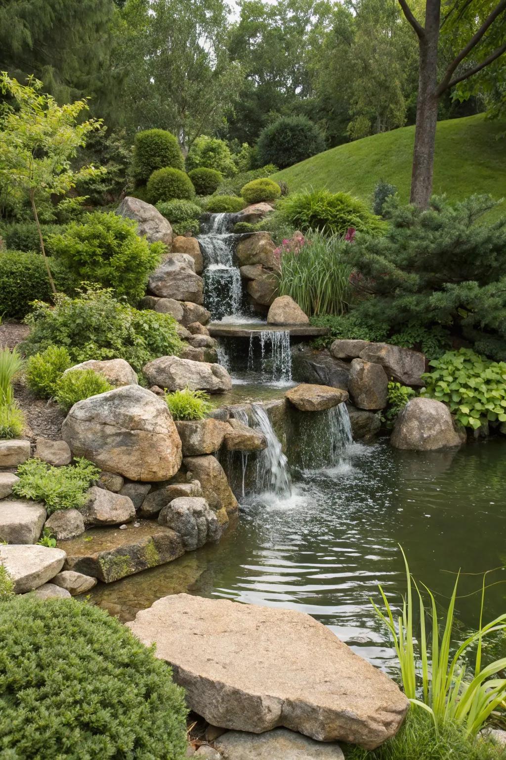 A rock cascade waterfall introduces an organic element to your garden landscape.