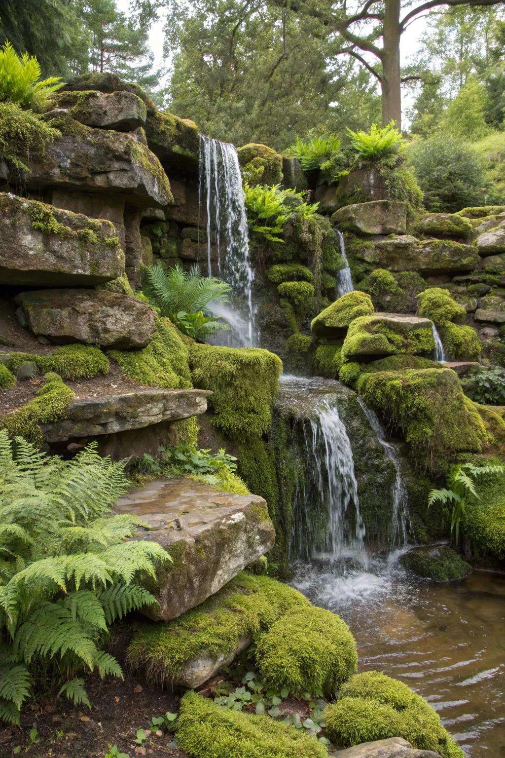 A tiered stone falls creates a relaxing sound environment in the garden.