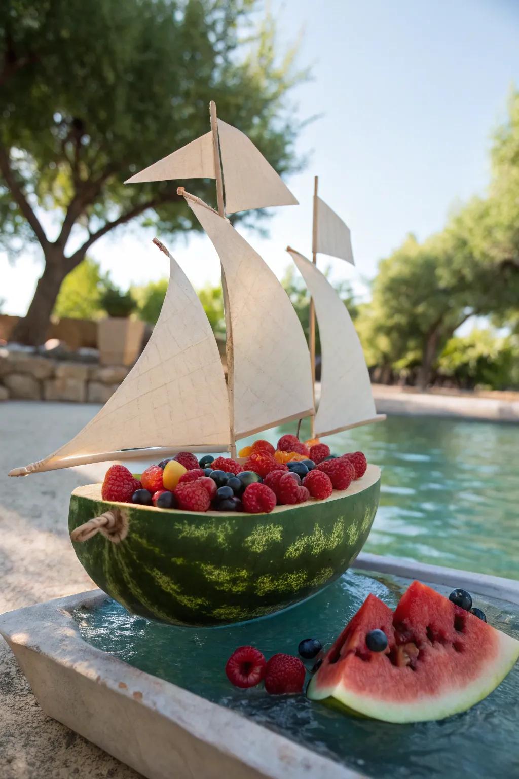 A classic watermelon sailboat featuring vibrant paper sails and a filling of fresh berries.