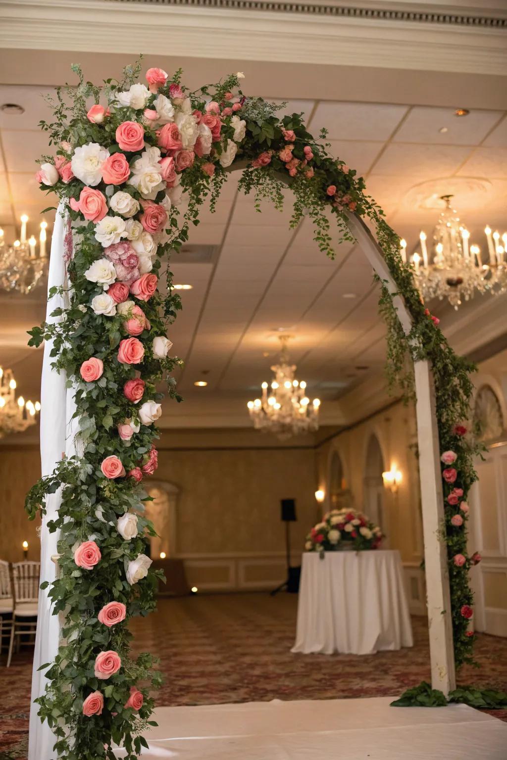 A floral spectacle featuring a cascade of blossoms on an indoor wedding arch.