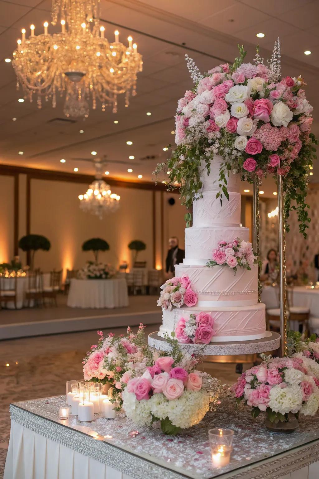 A wedding cake presentation brought to life by flourishing floral placements.
