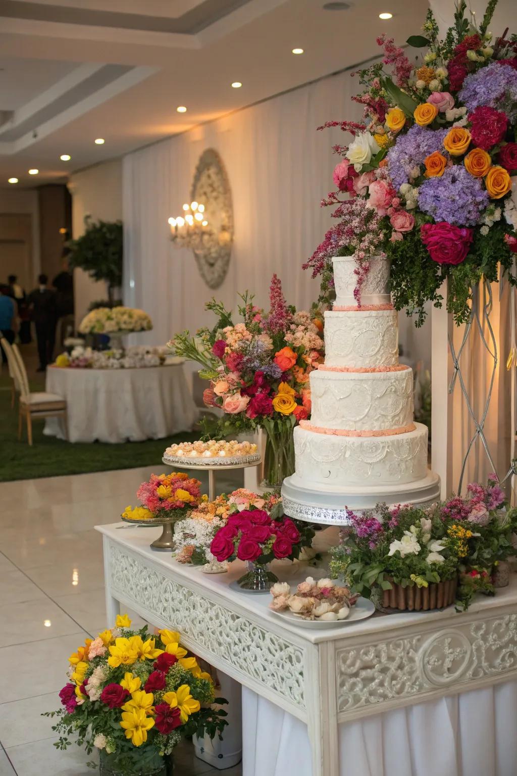 A wedding cake table brimming with lively flower arrangements.