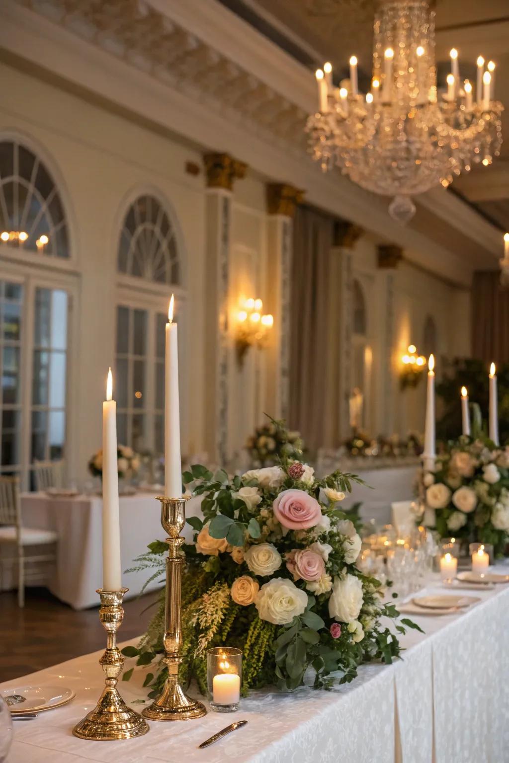 Sophisticated centerpieces featuring candles and floral arrangements.