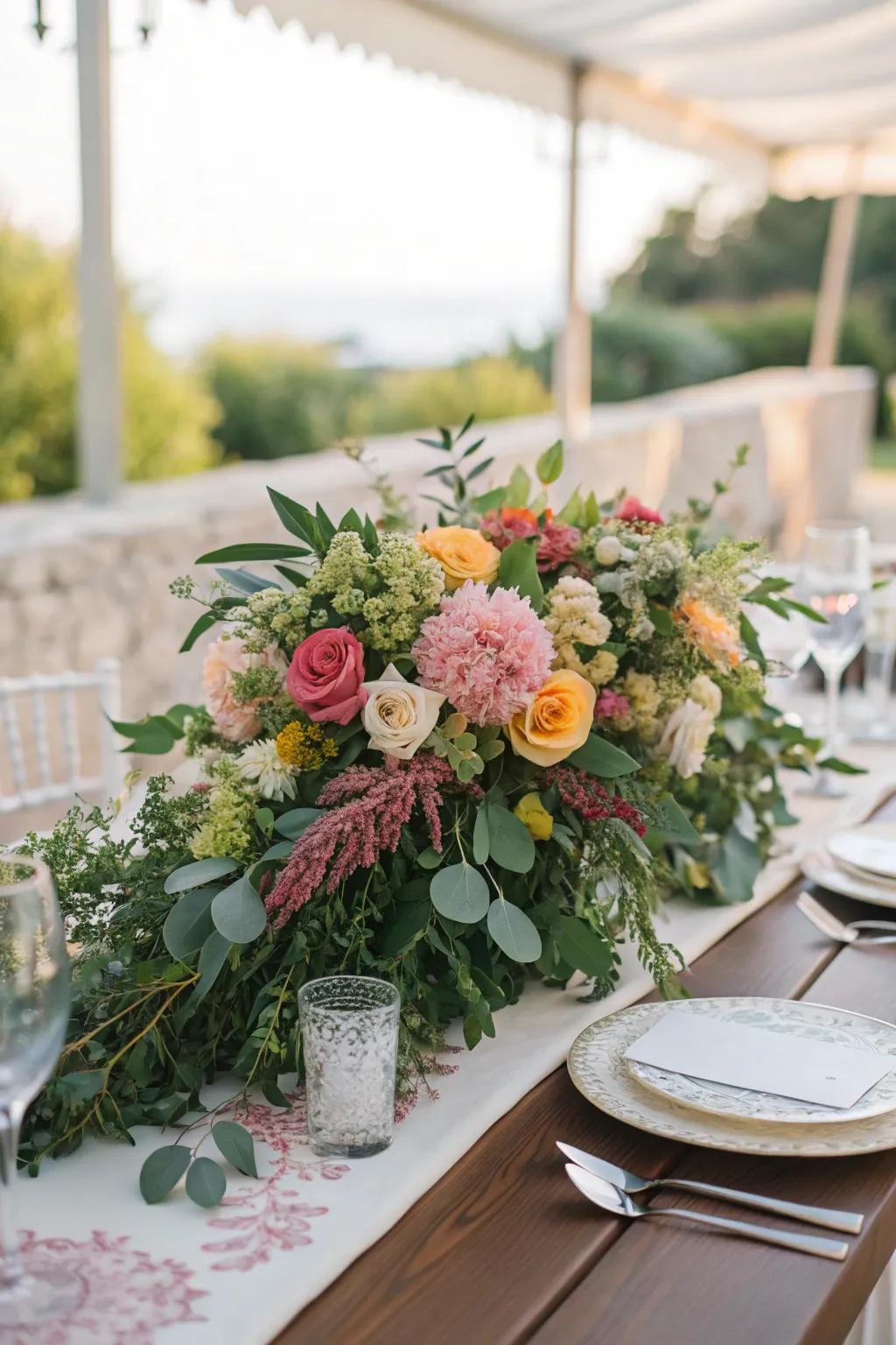 A wedding table showcases an abundant floral centerpiece, evoking the feel of a lush garden.