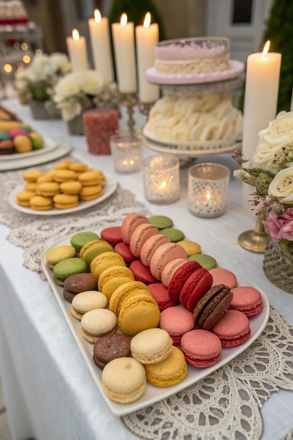 A wedding cookie table displaying an array of cookies in various shapes and flavors.