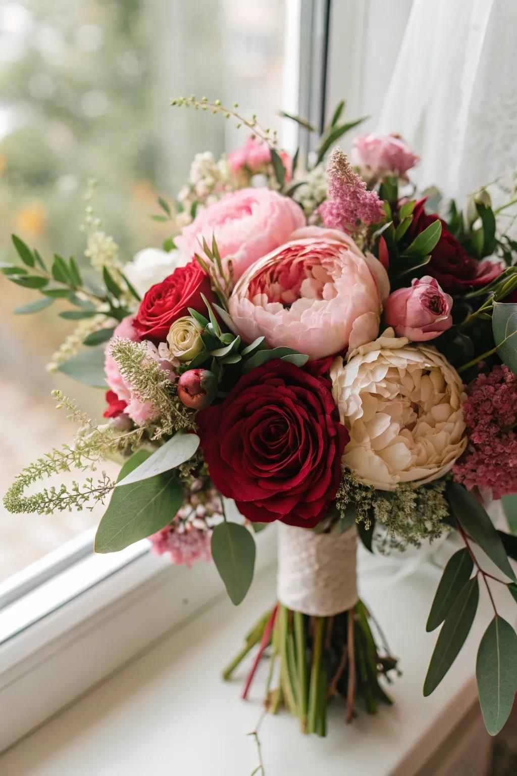 A close-up of a wedding bouquet featuring roses, peonies, and lush greenery.