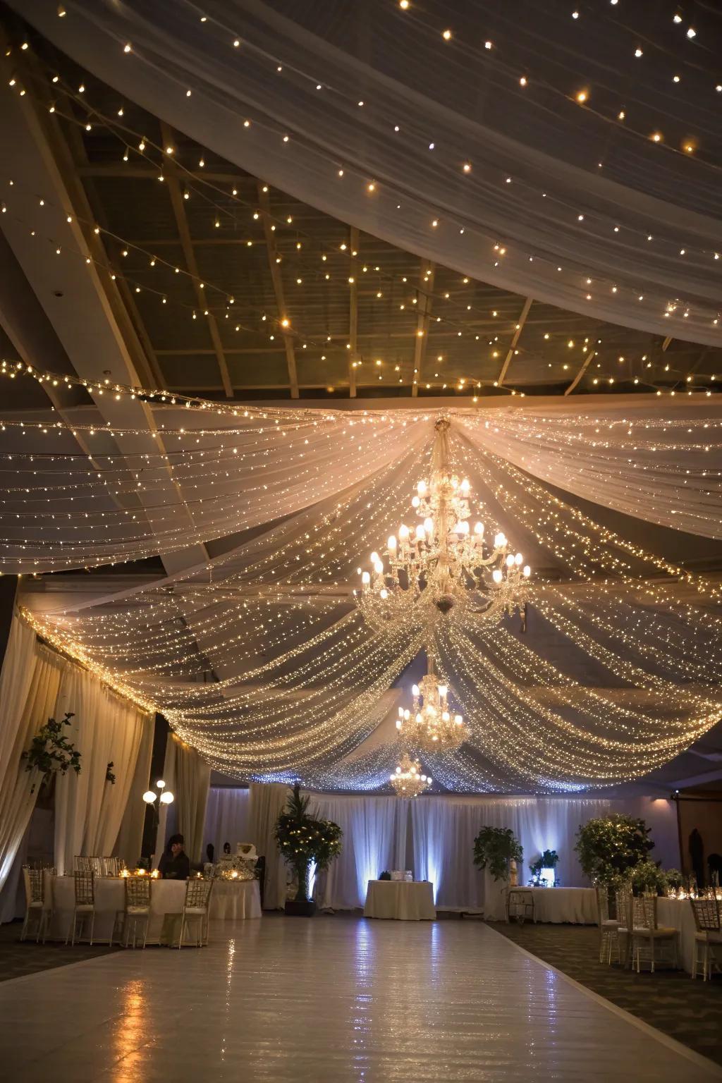 A wedding space enhanced with a twinkle light heaven.