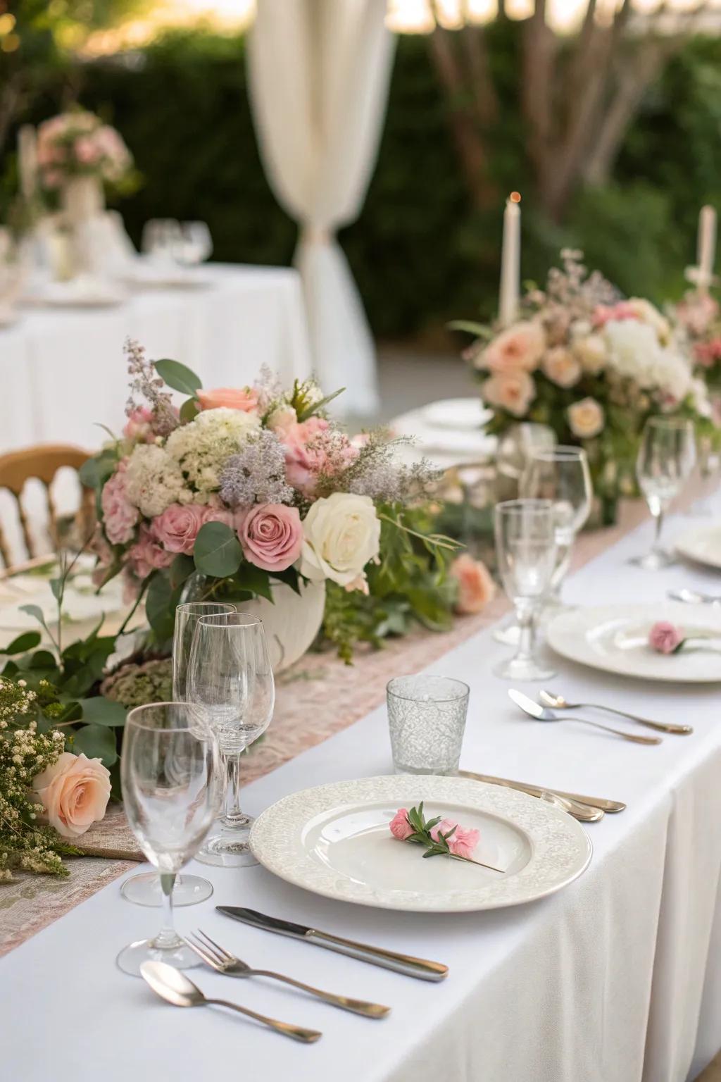 A wedding table gracefully decorated with vibrant floral centerpieces and delicate tableware.