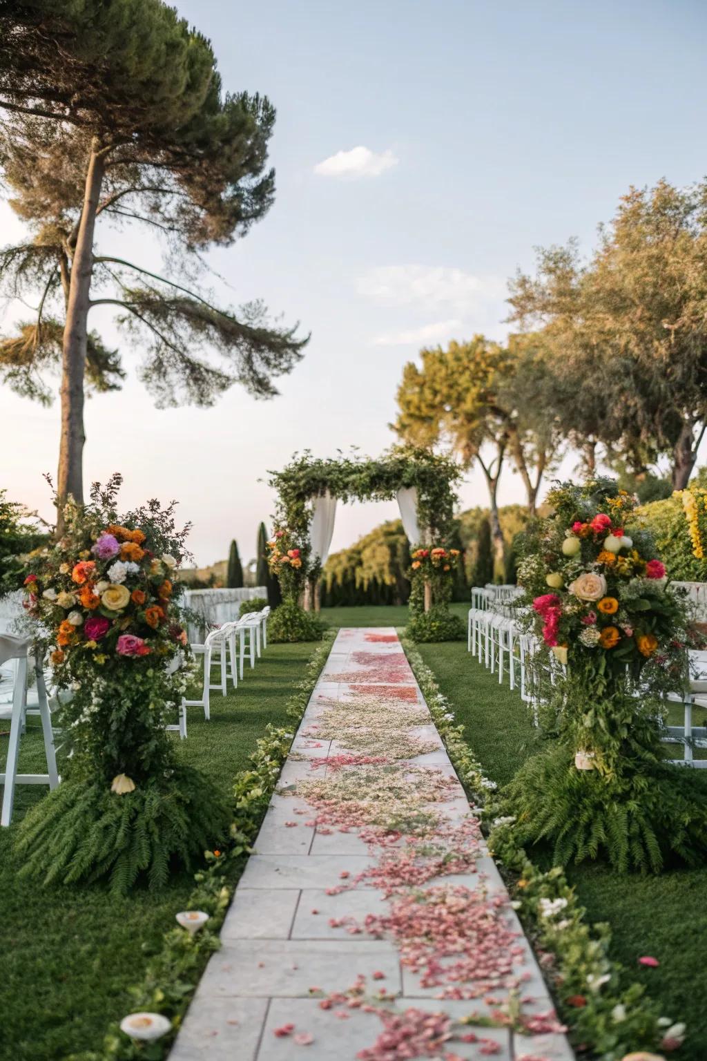 A garden-inspired path ornamented with abundant greenery and blossoms