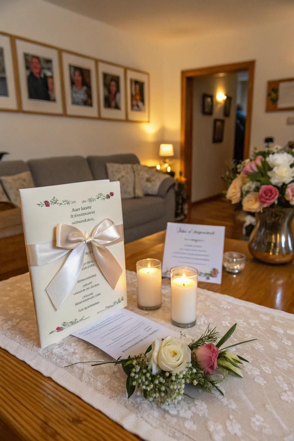 A wedding invitation enhanced with a timeless silk fabric strip.