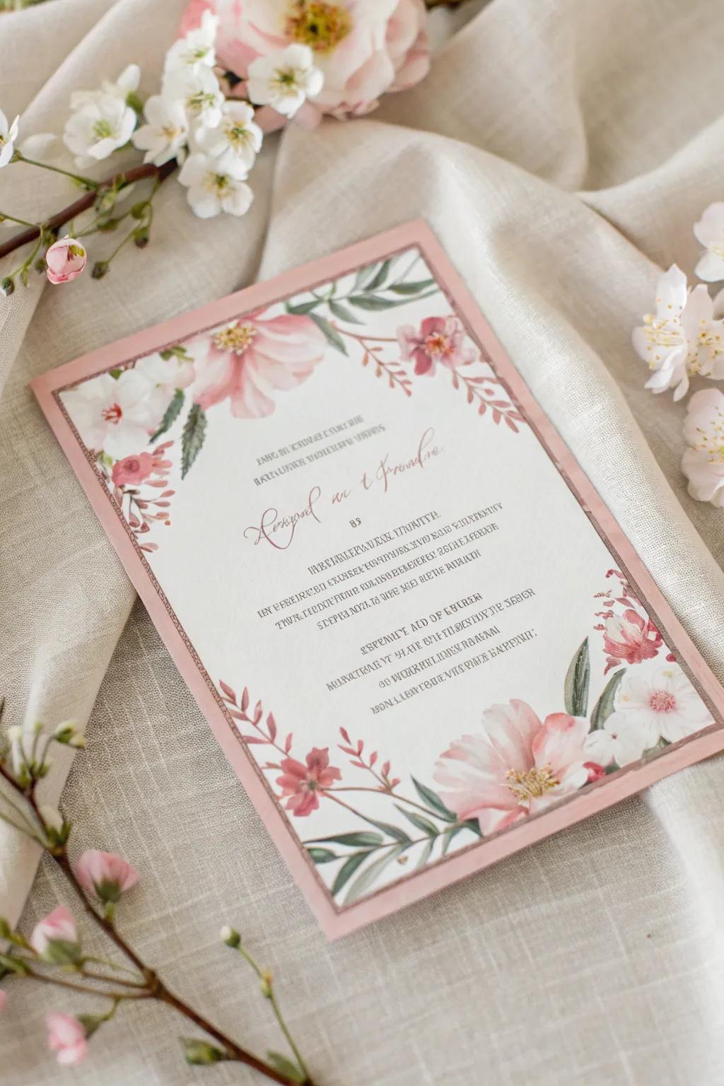 Invitation featuring a subtle floral border set against a linen backdrop.