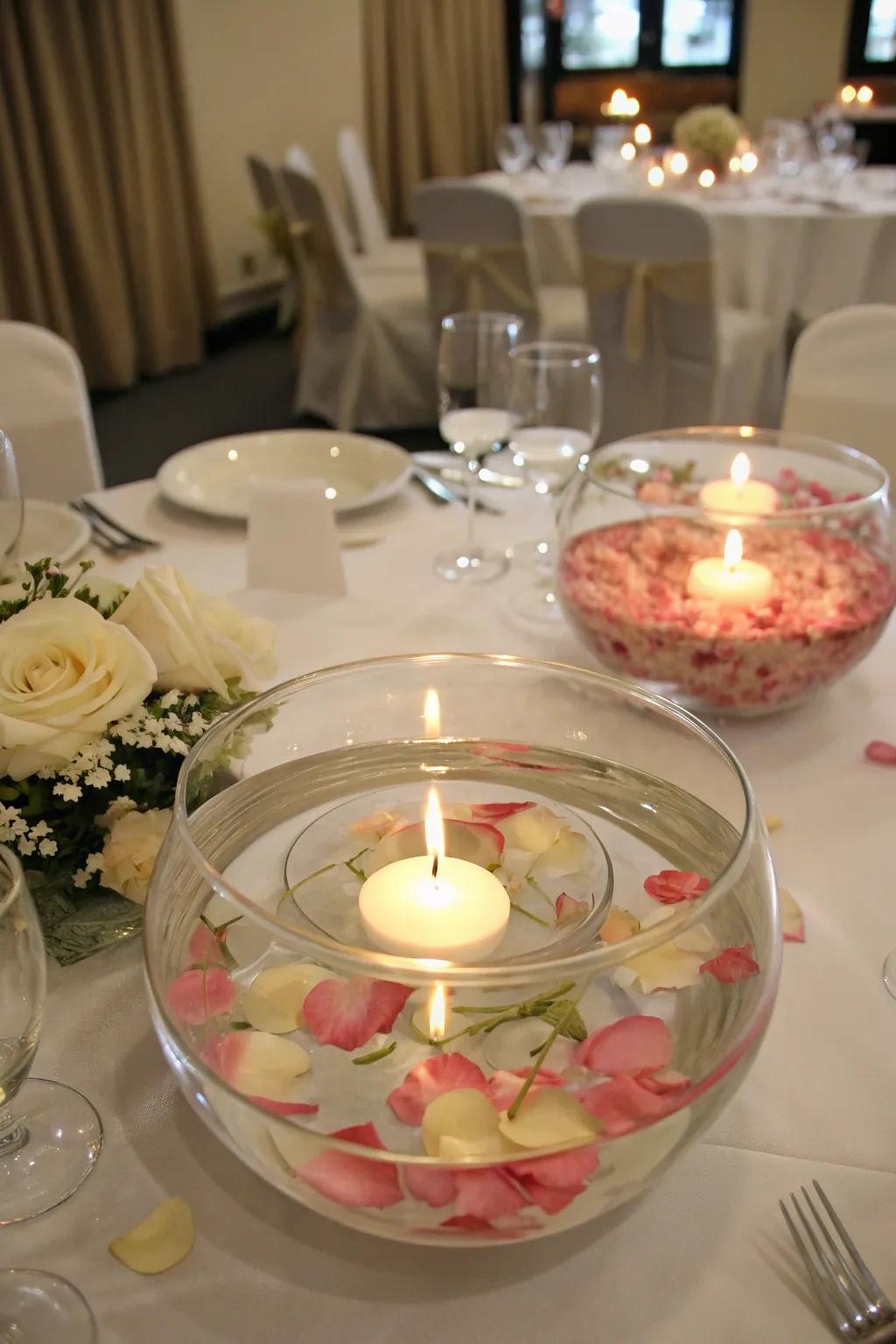Floating candles and delicate petals crafting an enchanting scene.