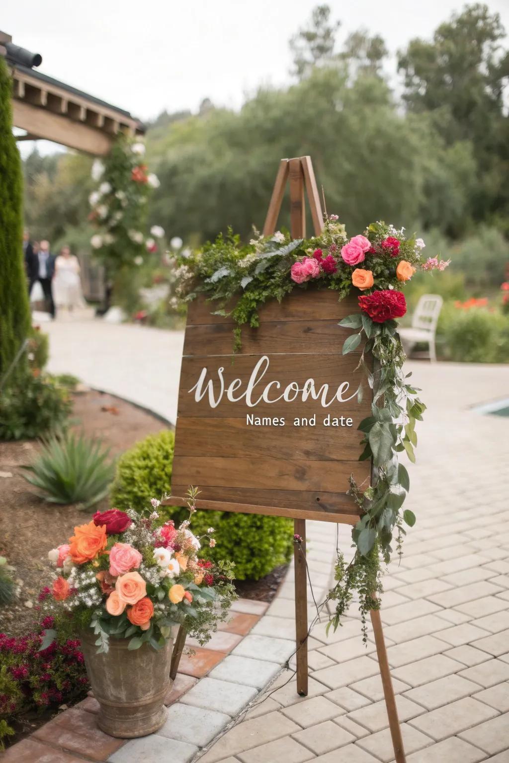 A quaint wooden welcome sign offers a tender and inviting sentiment to your wedding celebration.